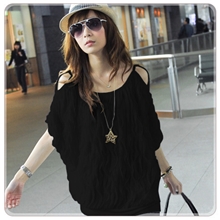 8192新款韩版蝙蝠袖波浪纹宽松短袖露肩长T恤