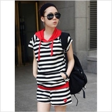 8849新款韩版运动套装休闲套装条纹短裤套装纯棉