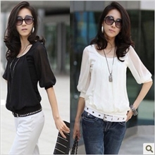 8875新款韩版灯笼袖中袖雪纺衫T恤上衣