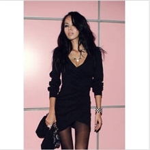 7048新款夜店包臀长袖性感深V领礼服晚装连衣裙