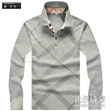 【批发供应】秋装新款纯棉t恤男士长袖翻领t恤时尚休闲格纹男装