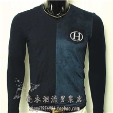 H口袋装饰时尚拼接料个性男装精品潮流修身长袖T恤