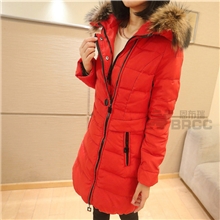 2013新款热销韩版双拉链连帽大毛领貉子毛收腰显瘦女式羽绒服