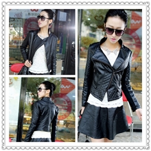 2013新款时尚修身显瘦机车夹克PU外套女士短款小皮衣菱格拼接