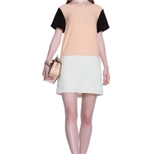 Ochirly欧时力2013新女春夏撞色雪纺圆领短袖连衣裙1131083250