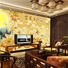 中式壁画墙纸客厅电视背景墙富贵吉祥图玉兰孔雀花鸟壁纸