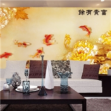 中式环保壁画金色富贵牡丹九鱼图壁纸客厅电视沙发家居风水