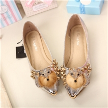 甜美超奢华狐狸毛水钻柳钉宝石金属头亮面皮尖头平底女单鞋826-3