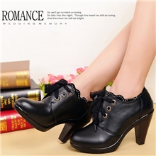 厂家直销秋冬新款真皮高跟加绒粗跟单鞋女蕾丝系带职业口女鞋子