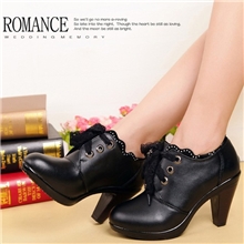 厂家直销秋冬新款真皮高跟加绒粗跟单鞋女蕾丝系带职业深口女鞋子