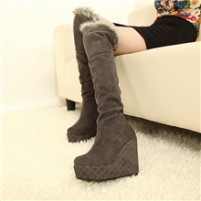 冬季新款高筒真皮兔毛长靴坡跟厚底雪地靴显瘦长筒靴子女