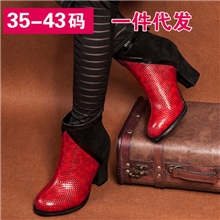 35-43码大码网店代理一件代发牛皮粗跟女靴高跟拼色短靴裸靴女鞋
