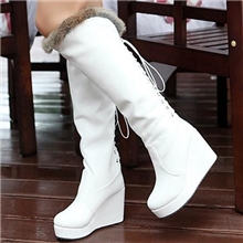 高筒靴PU秋冬季女靴白色靴真兔毛高跟防水台翻绒毛女靴高筒靴子