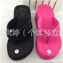 热卖人字拖夏季女士松糕厚底高跟坡跟凉拖鞋纯色沙滩毛巾拖鞋