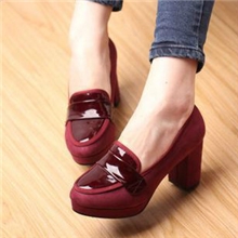 春欧美潮鞋厚底防水台圆头粗跟纯色拼接漆皮高跟鞋单鞋女鞋