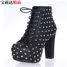 欧美站铆钉满天星超高跟夜店靴防水台粗跟女鞋马丁靴明星同款单鞋