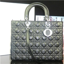 黑色羊皮7格银扣大号戴妃包LADY手袋