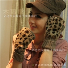 批发冬季女士韩版豹纹手套毛线毛毛保暖手套分露指半指手套