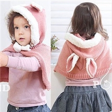 辉辉帽业韩版儿童帽冬季儿童兔子耳朵针织加绒连帽披风斗篷