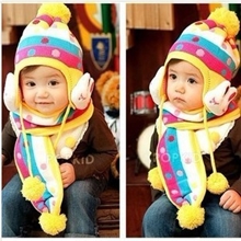 大绒球兔子宝宝儿童护耳帽/冬帽童帽婴儿帽线帽帽子+围巾套装