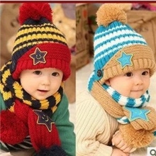 秋冬季宝宝护耳帽微笑五星儿童套帽韩国儿童毛线帽围巾两件套装