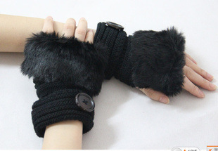 韩版秋冬女款短款仿兔毛螺纹纽扣半指保暖皮草毛毛线针织手套批发
