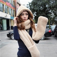 2013韩国秋冬超保暖羊羔绒连帽毛绒加厚情侣围脖围巾帽子手套一体