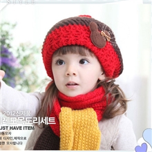 儿童帽子米奇彩色罗纹贝雷毛线二件套帽子+围巾套件秋冬帽