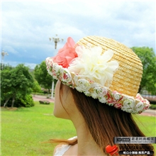 夏天遮阳帽碎花蕾丝花边麦秆帽草编织圆顶草帽礼帽子亲子帽