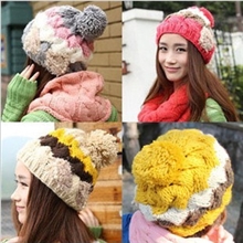 韩版三色拼接毛线贝雷帽蝴蝶结珍珠毛线帽女士保暖帽子批发