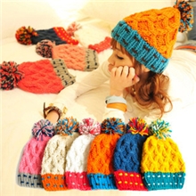 秋冬季热卖韩版女士撞色百搭球球毛线帽子护耳帽