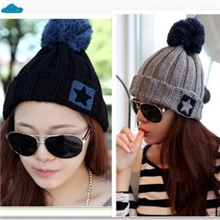 韩国贴标五角星卷边超大毛球毛线帽子韩版冬天新款针织帽女