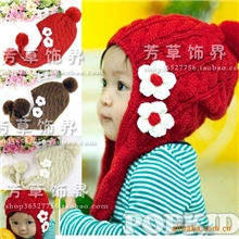 儿童毛线帽子批发童帽批发2朵花朵麻花护耳帽宝宝针织帽9158