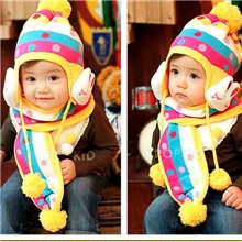儿童帽子批发儿童帽子围巾二件套圆点点大兔子套件