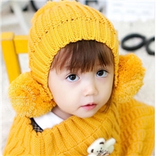 三球护耳宝宝帽子儿童帽子厂家韩版儿童针织帽儿童帽子披肩2件套