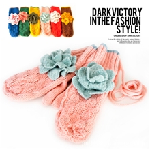 秋冬保暖手套韩国进口大花手套撞色可爱毛线手套双层挂脖手套