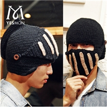 韩版时尚潮人冬季加厚黑色男罗马帽骑士帽保暖毛线帽口罩帽