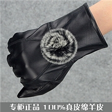 特价专柜正品银鹰绵羊皮女士手套春秋款真皮手套貂毛球