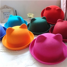 羊毛帽秋冬韩版可爱小熊猫耳朵帽子英伦羊毛呢卷边圆顶小礼帽