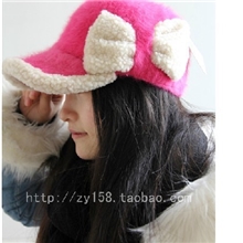韩版新款女士兔毛帽子绒毛蝴蝶结棒球帽秋冬保暖鸭舌帽休闲帽