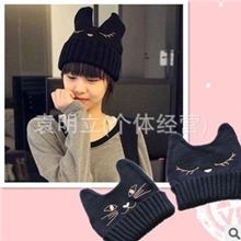帽子批发日本原宿风可爱猫咪耳朵恶魔牛角针织毛线帽子女韩版潮帽
