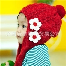 儿童帽冬季针织围巾帽/可爱的小花帽/红色儿童帽