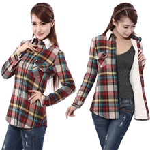 女衬衣女士长袖衬衫女式中长款大码韩羊羔绒加厚格子衬衣批发4039