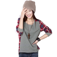 【伙拼】新款韩版外贸女装格子宽松圆领拼接长袖T恤大码打底衫