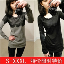 【伙拼】新款t恤加厚大码女士显瘦韩版蕾丝加绒小衫加长袖打底衫