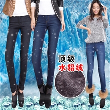 批发时尚顶级水貂绒牛仔裤女款修身显瘦收腰加绒加厚长裤女