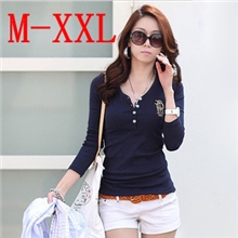 厂家批发春秋季装新款女装修身韩版V领刺绣长袖t恤打底衫大码女