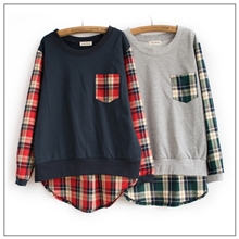 韩国东大门女装新款纯棉毛圈格子拼袖长袖长款T恤衫好品质