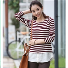 一件代发秋装新款韩版大码女士时尚条纹长袖假两件t恤针织衫服饰