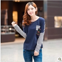 2013秋装韩版新款女装条纹拼接宽松t恤女士打底衫长袖